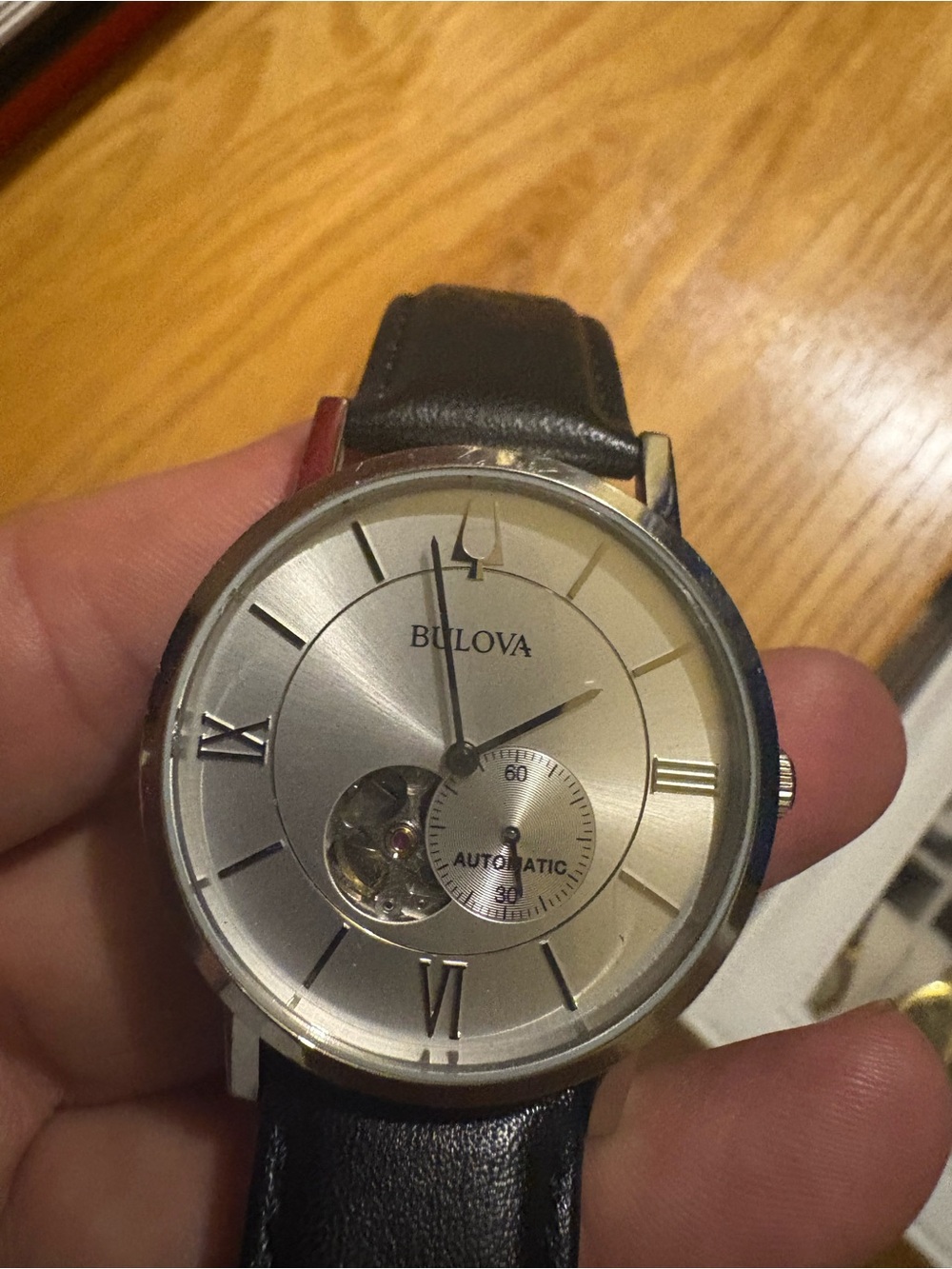 Bulova Silver Dial Men's Automatic Watch with Black Leather Strap